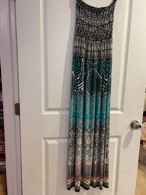 Green Envelope Strapless Teal Black Patterned Maxi Dress